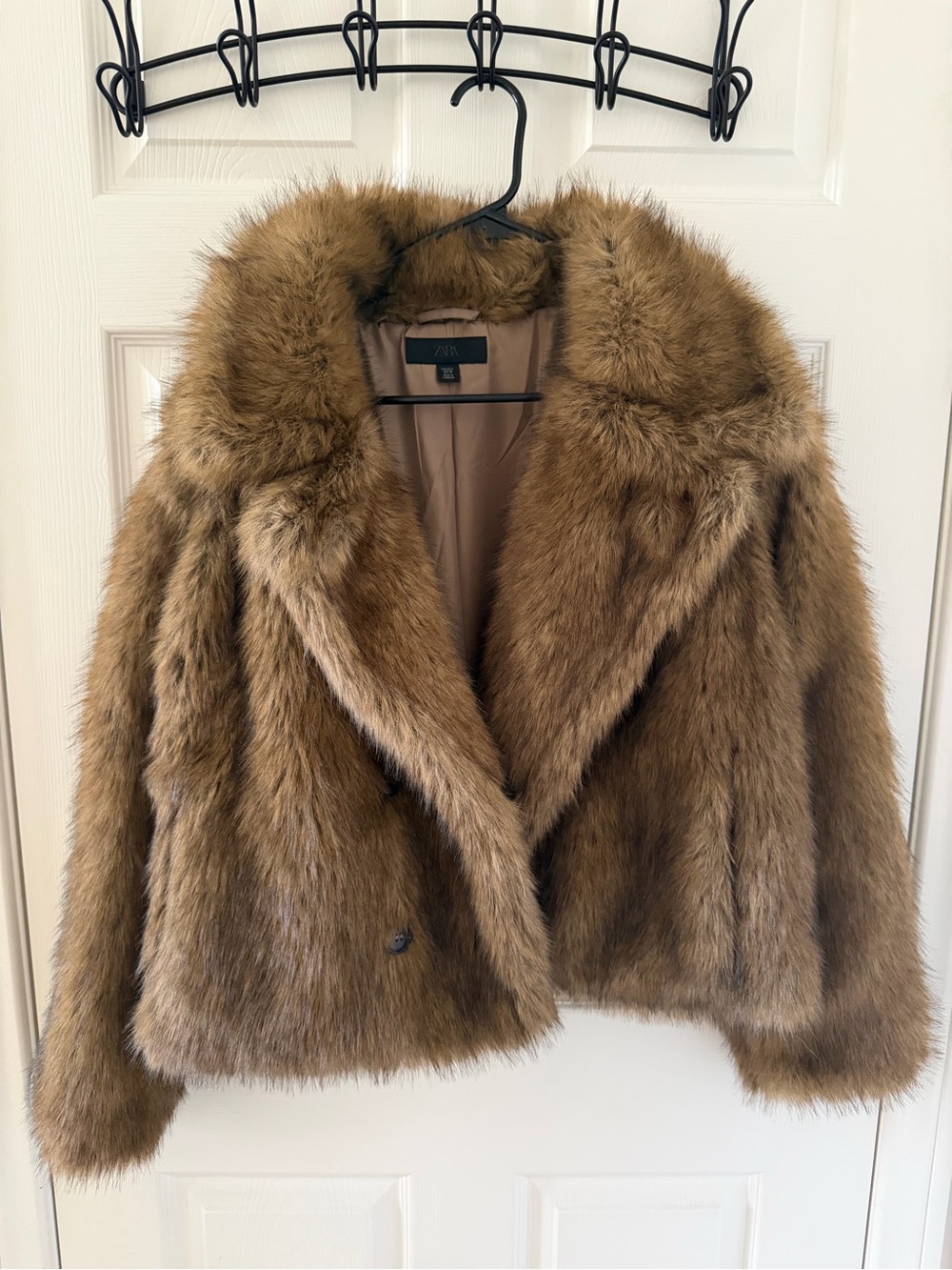 ZARA Faux Fur Cropped Jacket | Taupe Brown | Size L